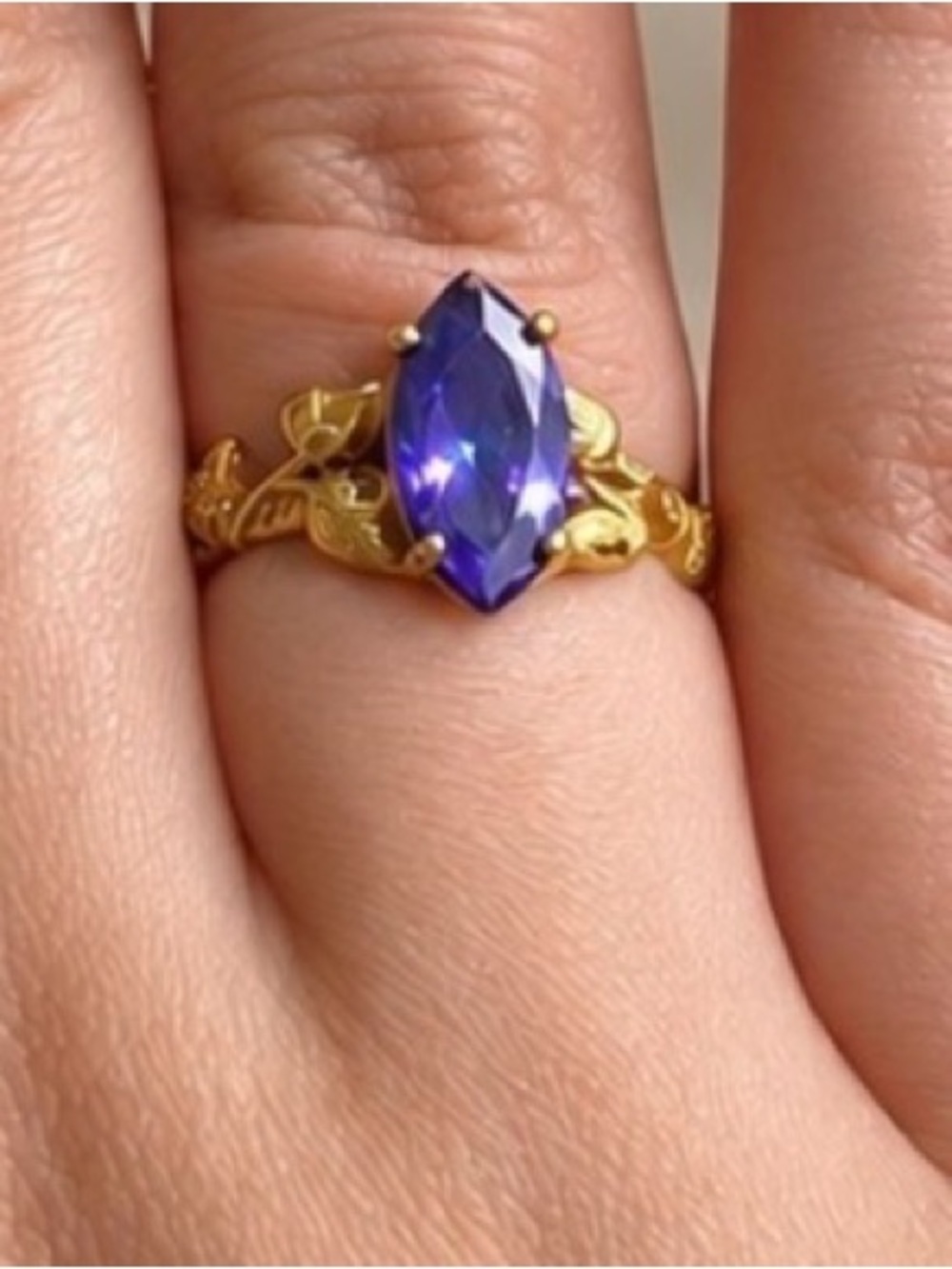 Gold Floral Marquise Purple Stone Ring - Women Jewelry